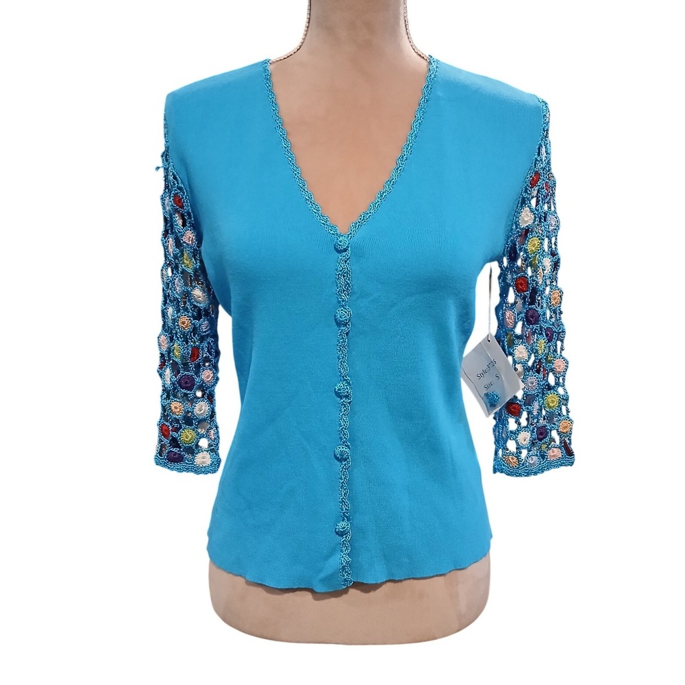 Vtg Joseph A Funky Crochet Sleeve V-Neck Knit Top Beaded Boho Blue Small Blue
